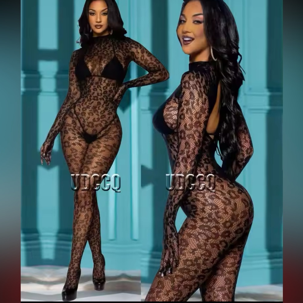 Sexy Fully body leopard catsuit bodysuit fishnet suit mesh suit cover hands feet